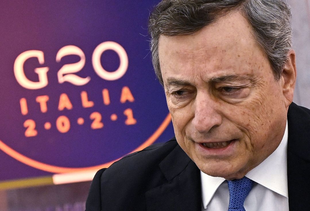 El primer ministro italiano, Mario Draghi, durante la rueda de prensa celebrada tras la reunión del G20. El primer ministro italiano, Mario Draghi, durante la rueda de prensa celebrada tras la reunión del G20.