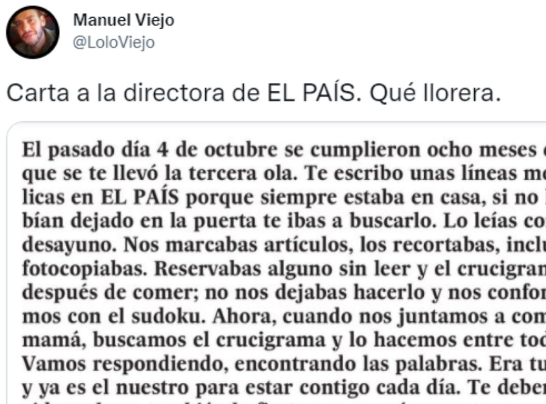 La emocionante carta a la directora de 'El País' de una madre a su padre muerto por coronavirus. La emocionante carta a la directora de 'El País' de una madre a su padre muerto por coronavirus.