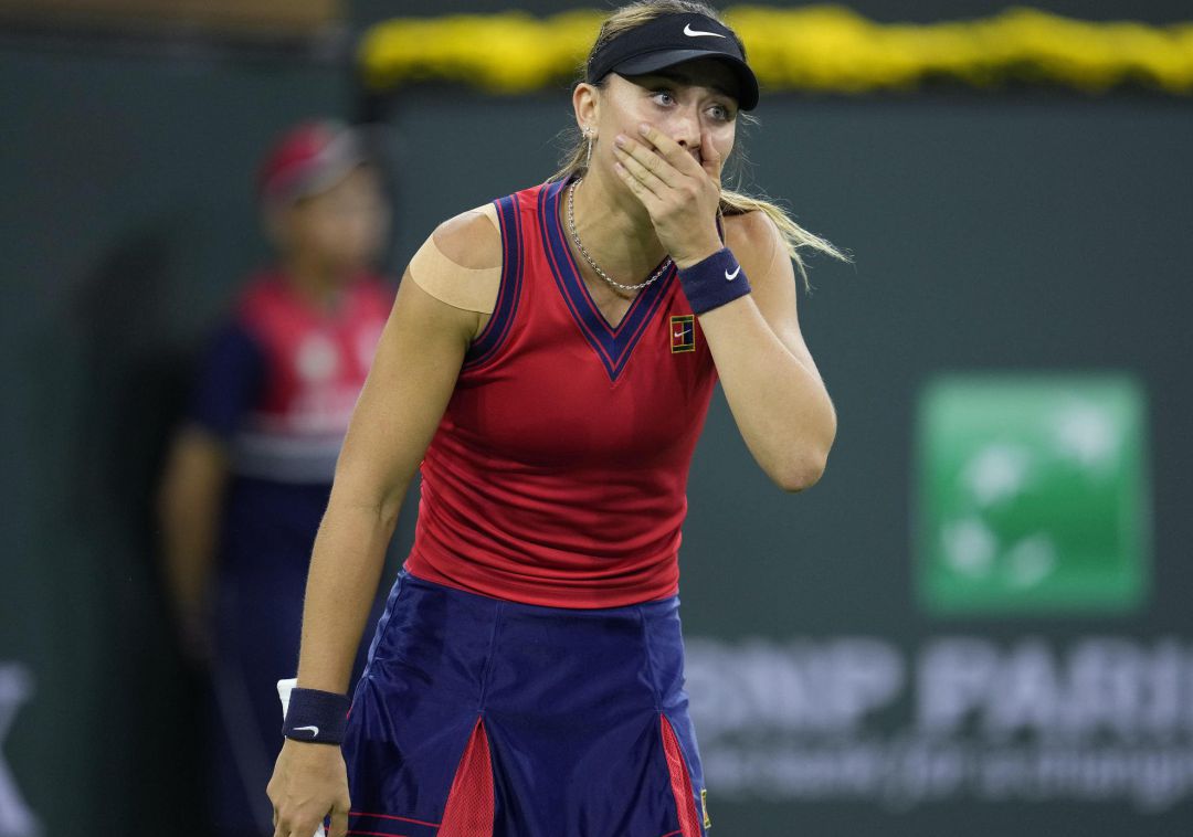 La reacción de Paula Badosa tras su victoria contra la alemana Angelique Kerber en el torneo de tenis de Indian Wells (California, Estados Unidos). La reacción de Paula Badosa tras su victoria contra la alemana Angelique Kerber en el torneo de tenis de Indian Wells (California, Estados Unidos).