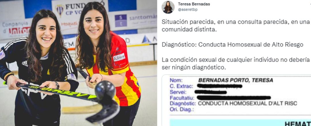 Teresa Bernadas, con su hermana Raquel, antes de un partido. A la derecha, el tuit Teresa Bernadas, con su hermana Raquel, antes de un partido. A la derecha, el tuit