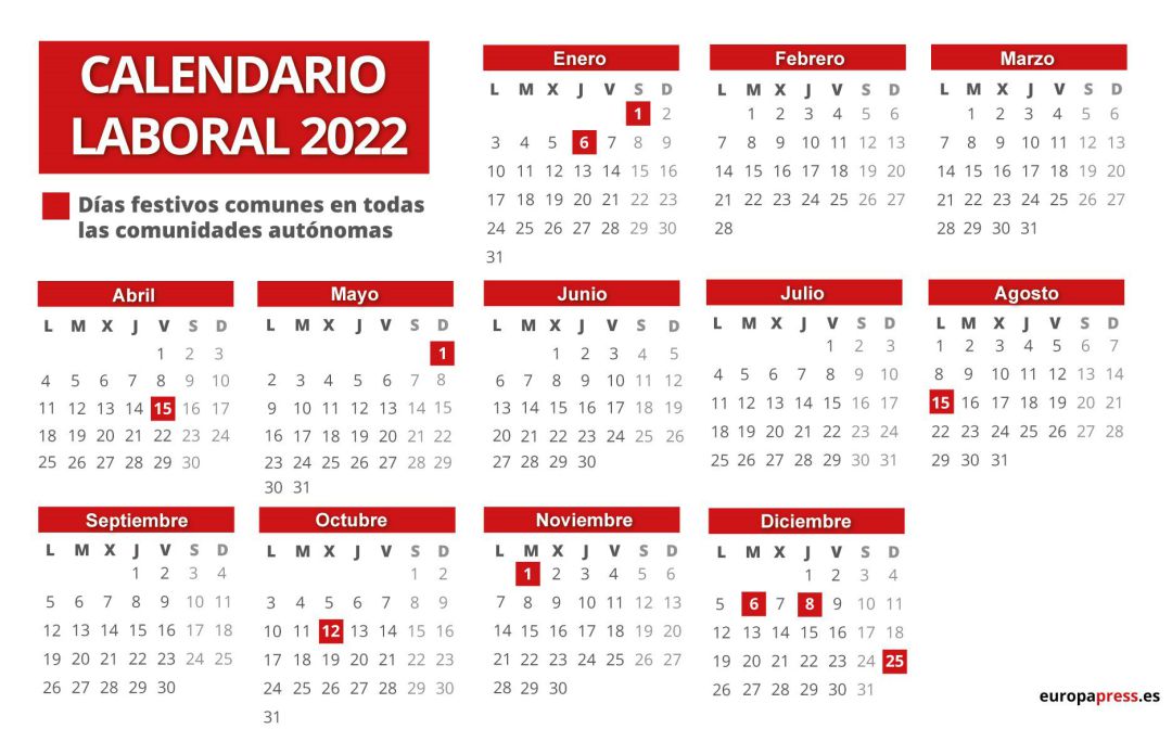 Imagen del calendario laboral con los festivos nacionales Imagen del calendario laboral con los festivos nacionales