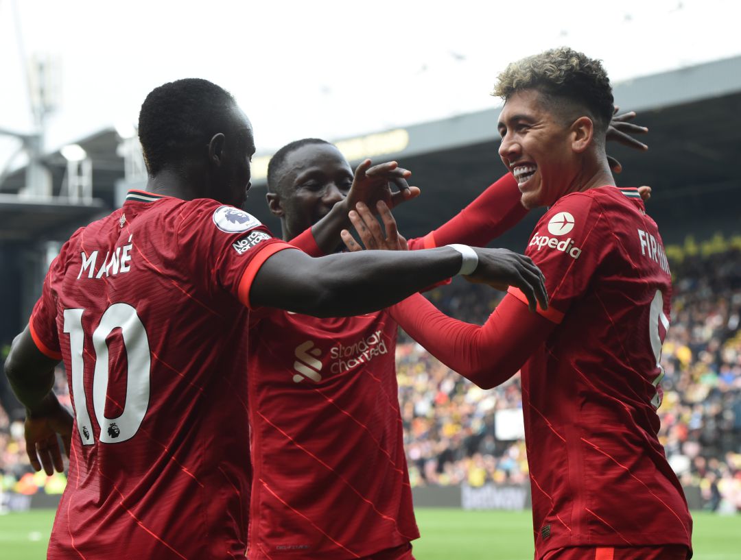 Los jugadores del Liverpool celebrando un gol de Roberto Firmino Los jugadores del Liverpool celebrando un gol de Roberto Firmino