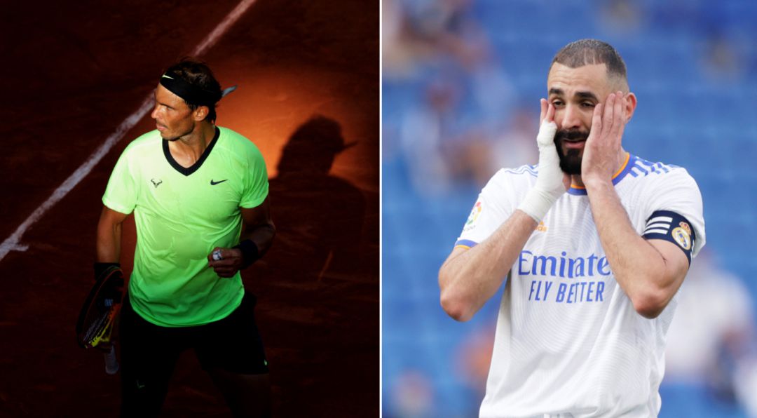 A la izquierda, Nadal celebra un punto; a la derecha, Benzema se lamenta tras una ocasión fallada A la izquierda, Nadal celebra un punto; a la derecha, Benzema se lamenta tras una ocasión fallada