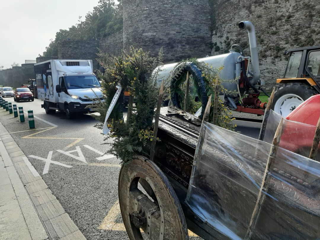 Un carro con dos bueyes, que portaban un féretro con una corona en la que se podía leer "Los ministros de agricultura no te olvidan", Un carro con dos bueyes, que portaban un féretro con una corona en la que se podía leer "Los ministros de agricultura no te olvidan",