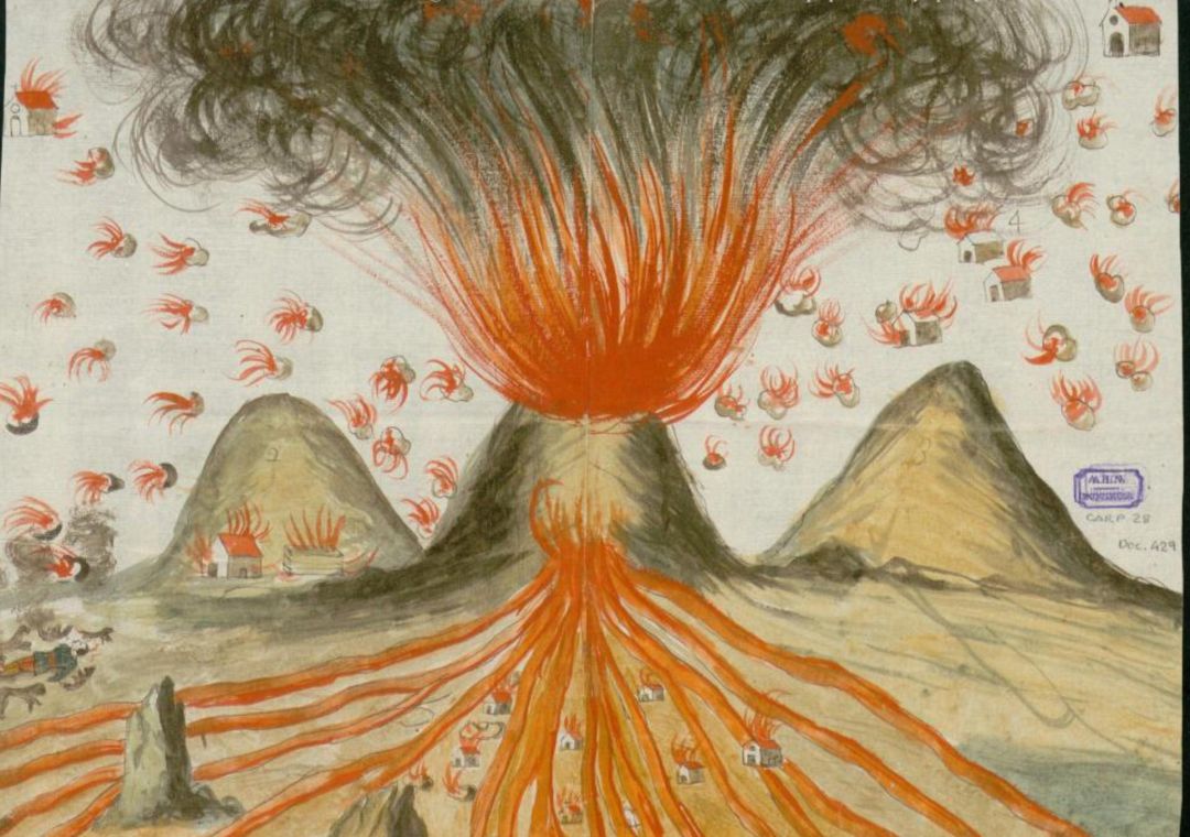 El dibujo a color que ilustra cómo fue la erupción histórica fue encargado por la Inquisición El dibujo a color que ilustra cómo fue la erupción histórica fue encargado por la Inquisición