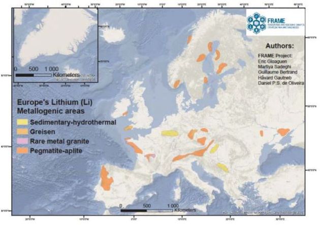 Áreas con depósitos de litio en Europa (Gloaguen et al. 2021; proyecto FRAME-GeoERA). Áreas con depósitos de litio en Europa (Gloaguen et al. 2021; proyecto FRAME-GeoERA).