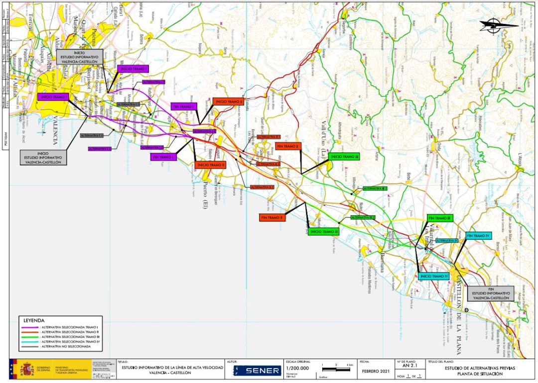 Plano entre València y Castelló con los nuevos trazados ferroviarios planteados por los técnicos del Ministerio Plano entre València y Castelló con los nuevos trazados ferroviarios planteados por los técnicos del Ministerio