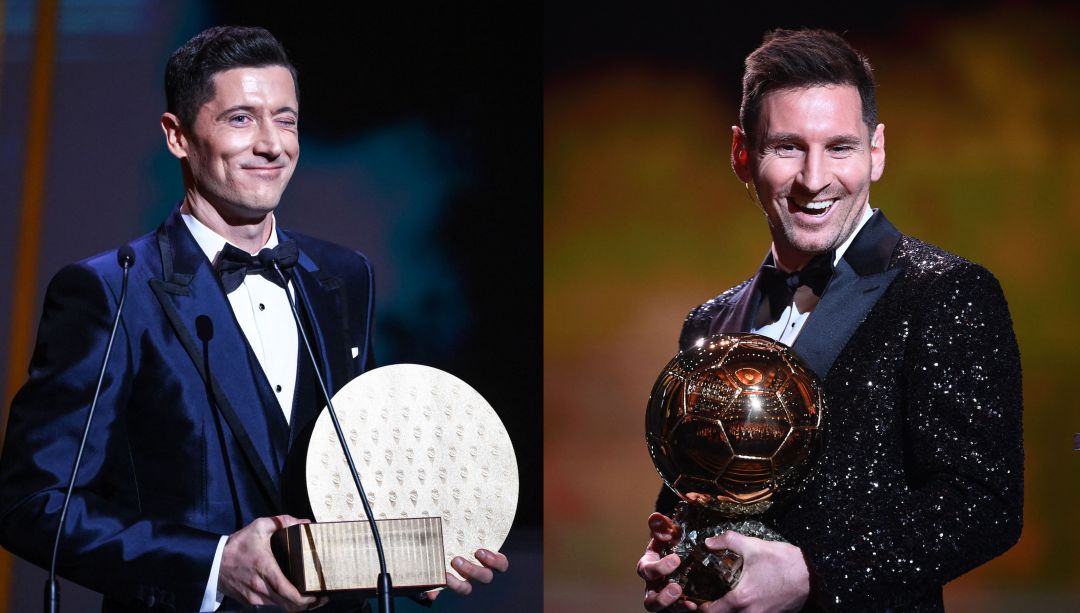 Lewandowski y Messi con sus respectivos galardones Lewandowski y Messi con sus respectivos galardones