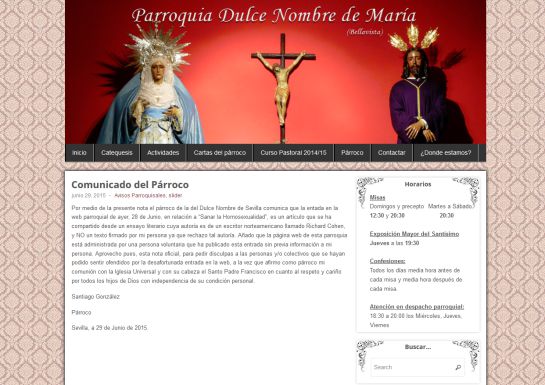 Imagen de la web de la parroquia, con el comunicado en el que pide disculpas y niega la autoría