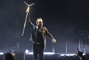 BARCELONA, SPAIN - OCTOBER 05: Bono of U2 performs on stage at Palau Sant Jordi on October 5, 2015 in Barcelona, Spain. (Photo by Jordi Vidal/Redferns)