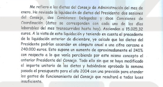 Carta remitida por el director financiero de Telemadrid al departamento jurídico, mostrando su inquietud por las elevadas dietas percibidas por el presidente del Consejo de Administración Álvaro Renedo.