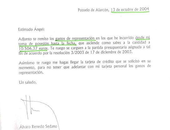 Carta remitida por Álvaro Renedo al subdirector general de Telemadrid en la que le remite los gastos realizados entre enero y octubre y le solicita una Visa de empresa