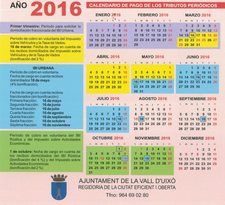 Calendario de pago de los tributos periódicos en Vall d'Uixó