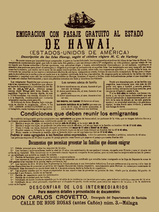 Boletin de reclutamiento para los emigrantes que quisieran viajar a Hawai a principios del siglo XX