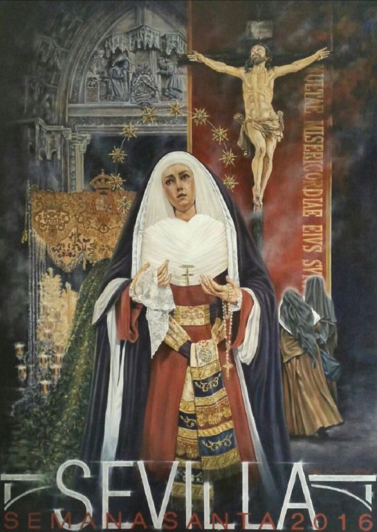 Cartel Semana Santa Sevilla 2016: La Virgen de Las Aguas de hebrea, eje central del cartel de la Semana Santa