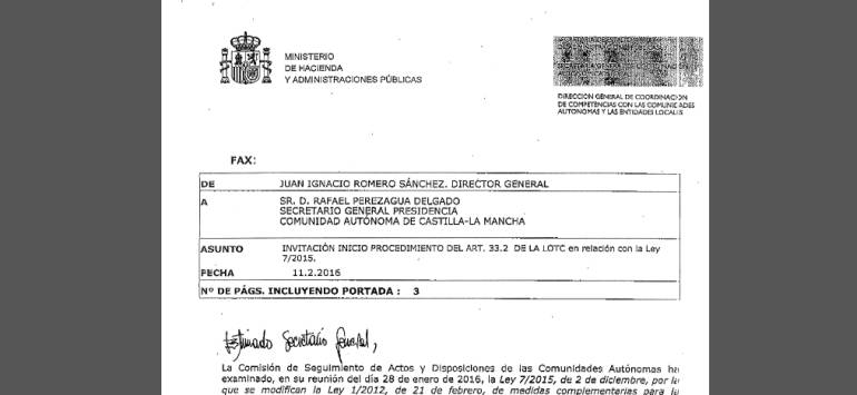 Escrito remitido por el Ministerio de Administraciones Públicas a la Junta de Castilla-La Mancha