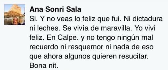 Comentario de Ana Sala, concejal del PP en Calpe, en su Facebook