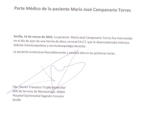 María José Campanario intervención médica Jesulín de Ubrique: María José Campanario se opera de su hernia discal en el Sagrado Corazón de Sevilla