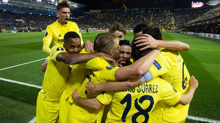 Los jugadores del submarino celebrando un gol en la Europa League de esta temporada.
