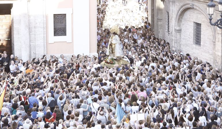 La imagen de la Virgen de los Desamparados ha salido de nuevo a la plaza para presidir el acto de desagravio convocado por el Cardenal Cañizares