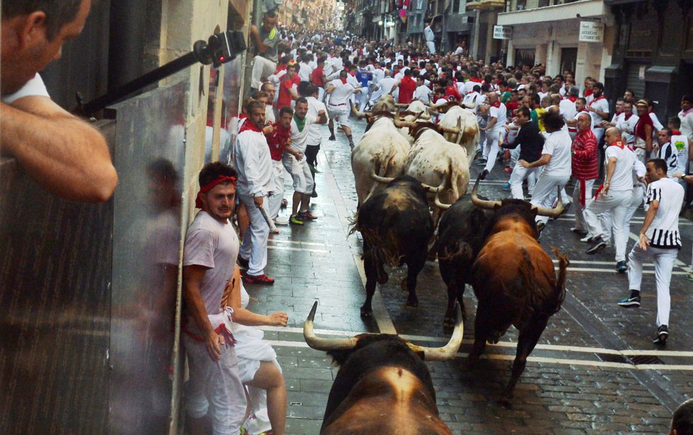 La manada de Fuente Ymbro, por la esquina de la calle Estafeta. La manada de Fuente Ymbro, por la esquina de la calle Estafeta.