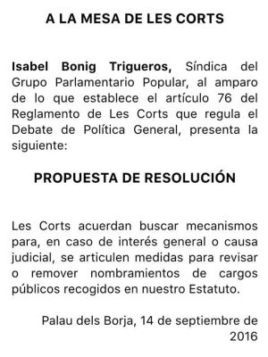 Resolución propuesta por el Partido Popular en Les Corts