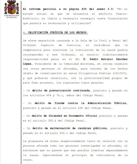 La jueza de Lorca envía el caso Auditorio al TSJ al ver indicios de delito en la actuación de Pedro Antonio Sánchez