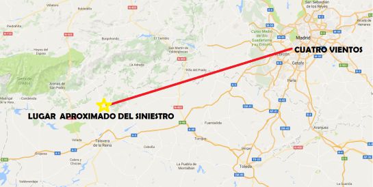 Recorrido que hizo la avioneta desde el aeródromo de Cuatro Vientos ( Madrid) hasta el lugar aproximado de su accidente (Toledo)
