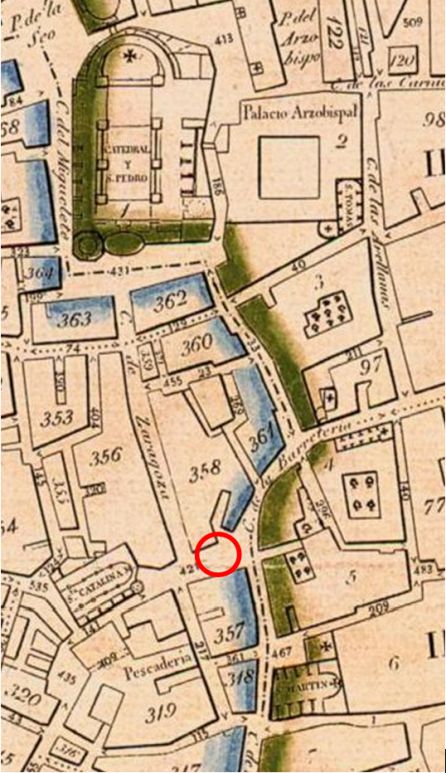 Entorno urbano d ela plaza de Santa Catalina en el plano geométrico de Valencia de 1831. El círculo rojo indica el lugar donde plantaría Casalis la falla de 1820
