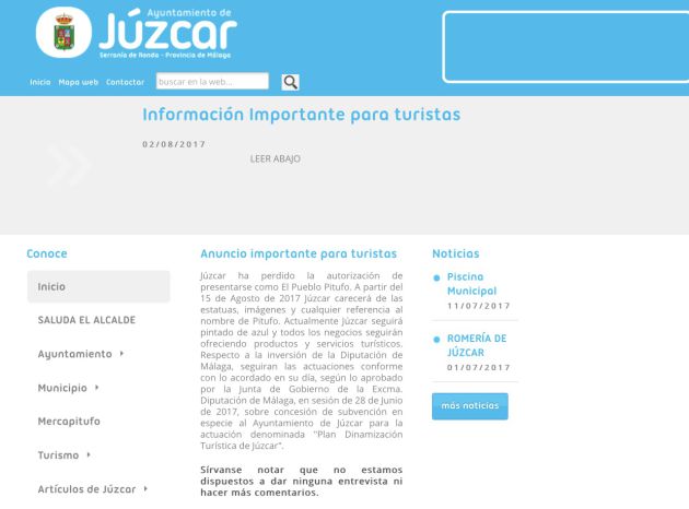 El anuncio en la misma web municipal de Júzcar (Málaga)