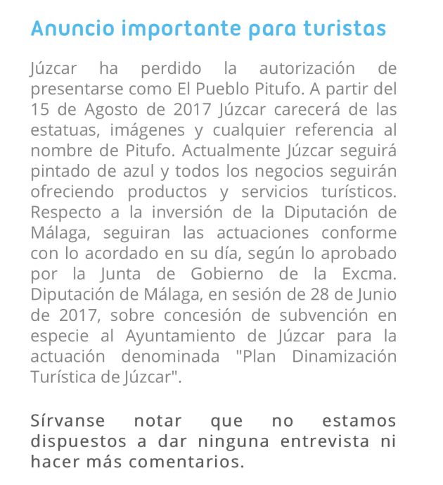 Anuncio en la propia web del Ayuntamiento de Júzcar (Málaga)