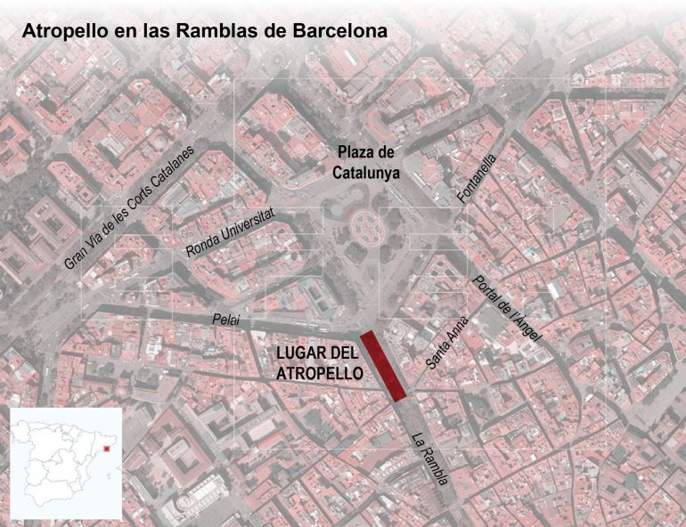 La zona del atropello masivo de la Rambla de Barcelona.