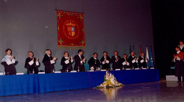 Acto de inauguración curso académico 1997-1998 con Andrés Pedreño, Antonio Gil Olcina y Francisco Camps
