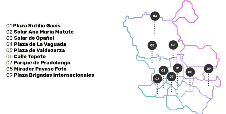 Mapa de los espacios elegidos para el concurso de ideas Imagina Madrid.