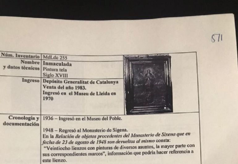 Ficha técnica del lienzo extraviado en el Museo de Lleida y que no ha regresado al Monasterio de Sijena 