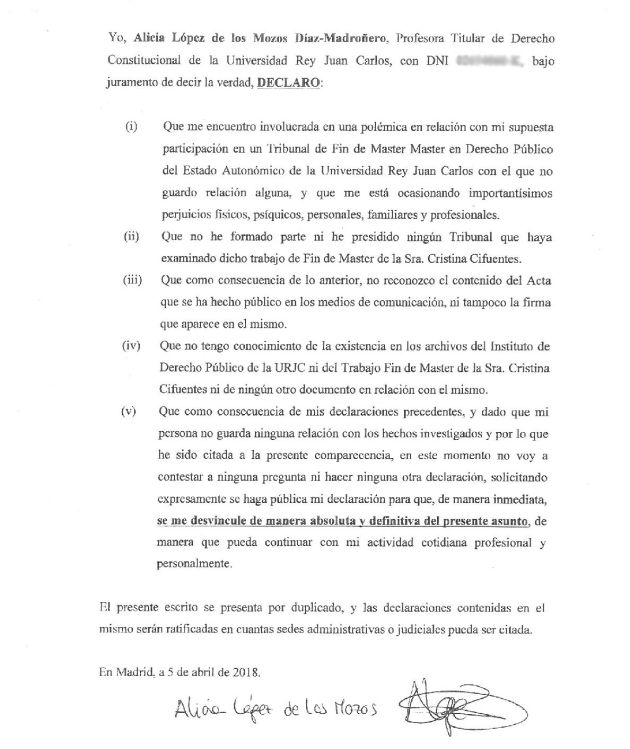 Declaración jurada de Alicia López de los Mozos (amplía la imagen para ver el texto completo)