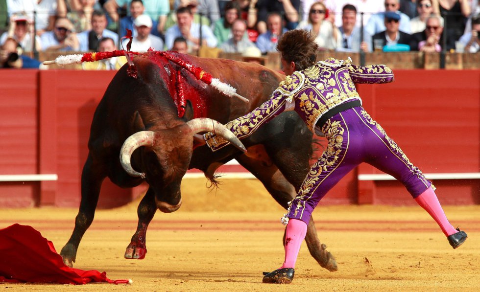 GRAF169. SEVILLA 22/04/2018,- El torero Manuel Escribano desarmado por su primer toro, de la ganadería de Miura, en la decimocuarta corrida de abono de la Feria de Abril esta tarde en la Real Maestranza de Sevilla. EFE/Julio Muñoz GRAF169. SEVILLA 22/04/2018,- El torero Manuel Escribano desarmado por su primer toro, de la ganadería de Miura, en la decimocuarta corrida de abono de la Feria de Abril esta tarde en la Real Maestranza de Sevilla. EFE/Julio Muñoz