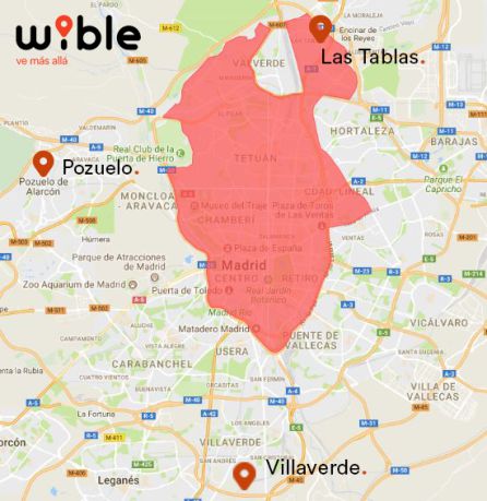 Mapa de uso de WiBLE con las tres bases fuera de la almendra de la M-30 que da servicio a barrios y localidades fuera de ésta.