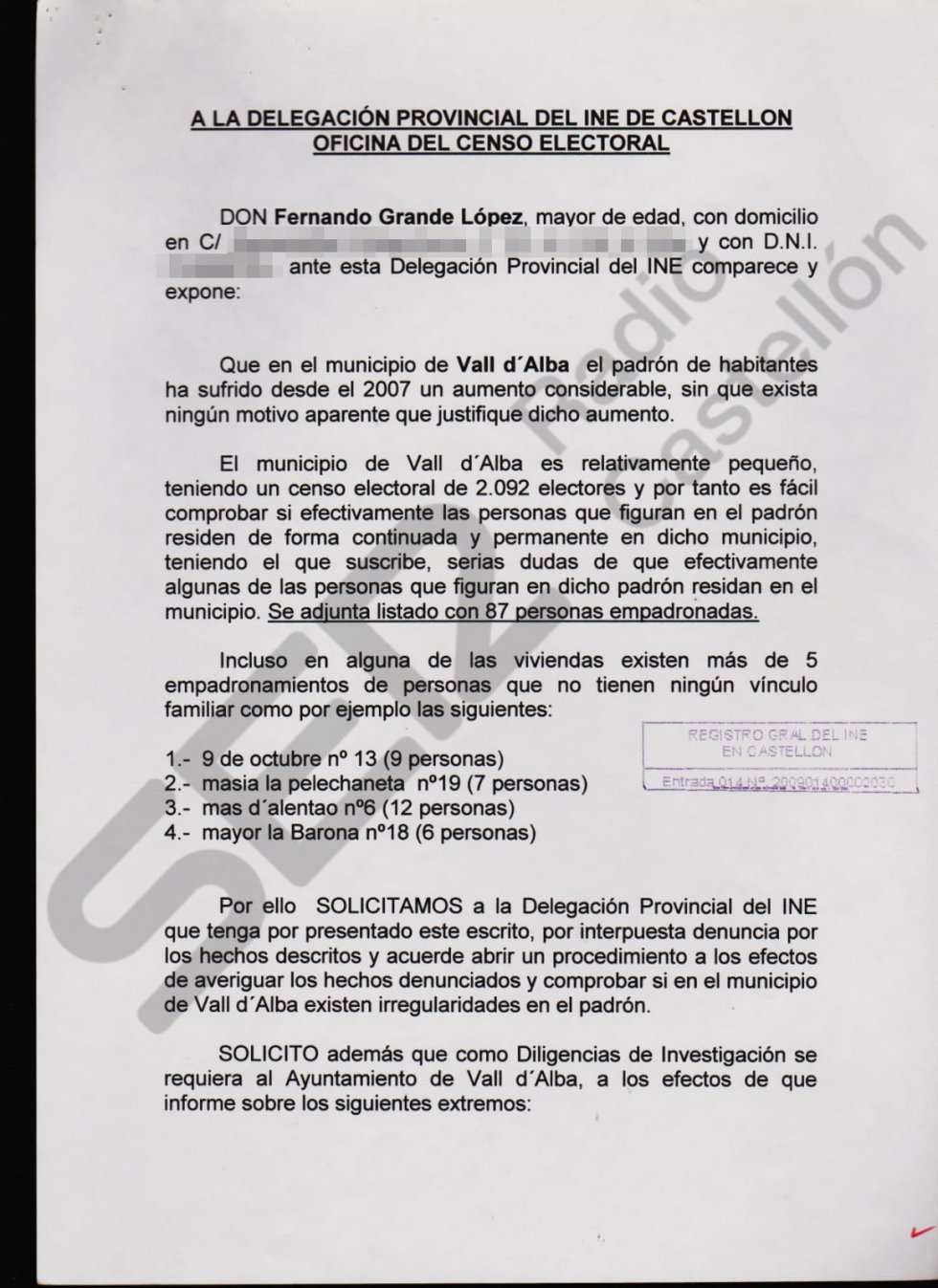 Denuncia del portavoz del PSPV, Fernando Grande, por las presuntas irregularidades en el censo Denuncia del portavoz del PSPV, Fernando Grande, por las presuntas irregularidades en el censo
