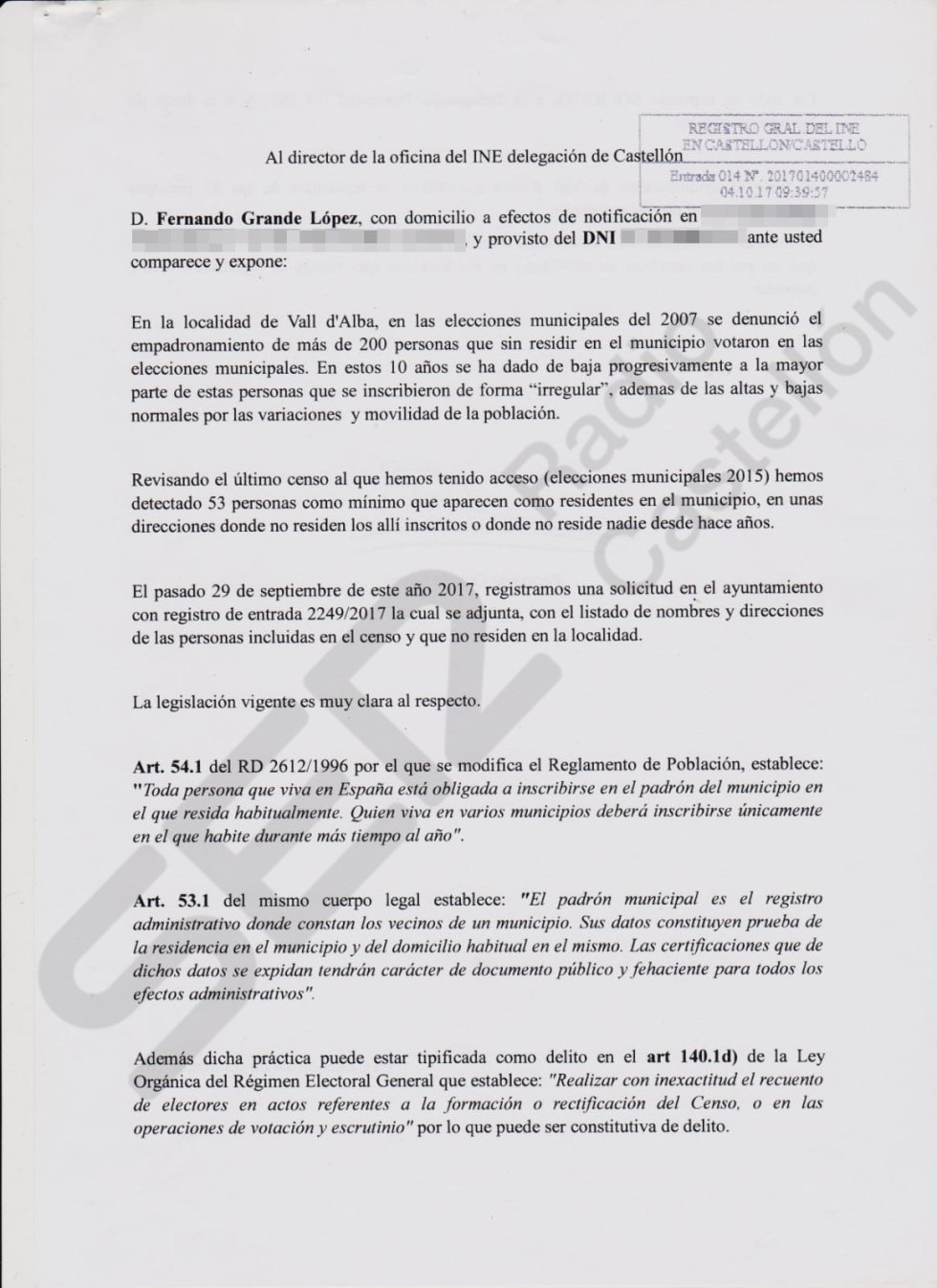 Datos sobre los residentes empadronados de forma irregular en viviendas de Vall d'Alba Datos sobre los residentes empadronados de forma irregular en viviendas de Vall d'Alba