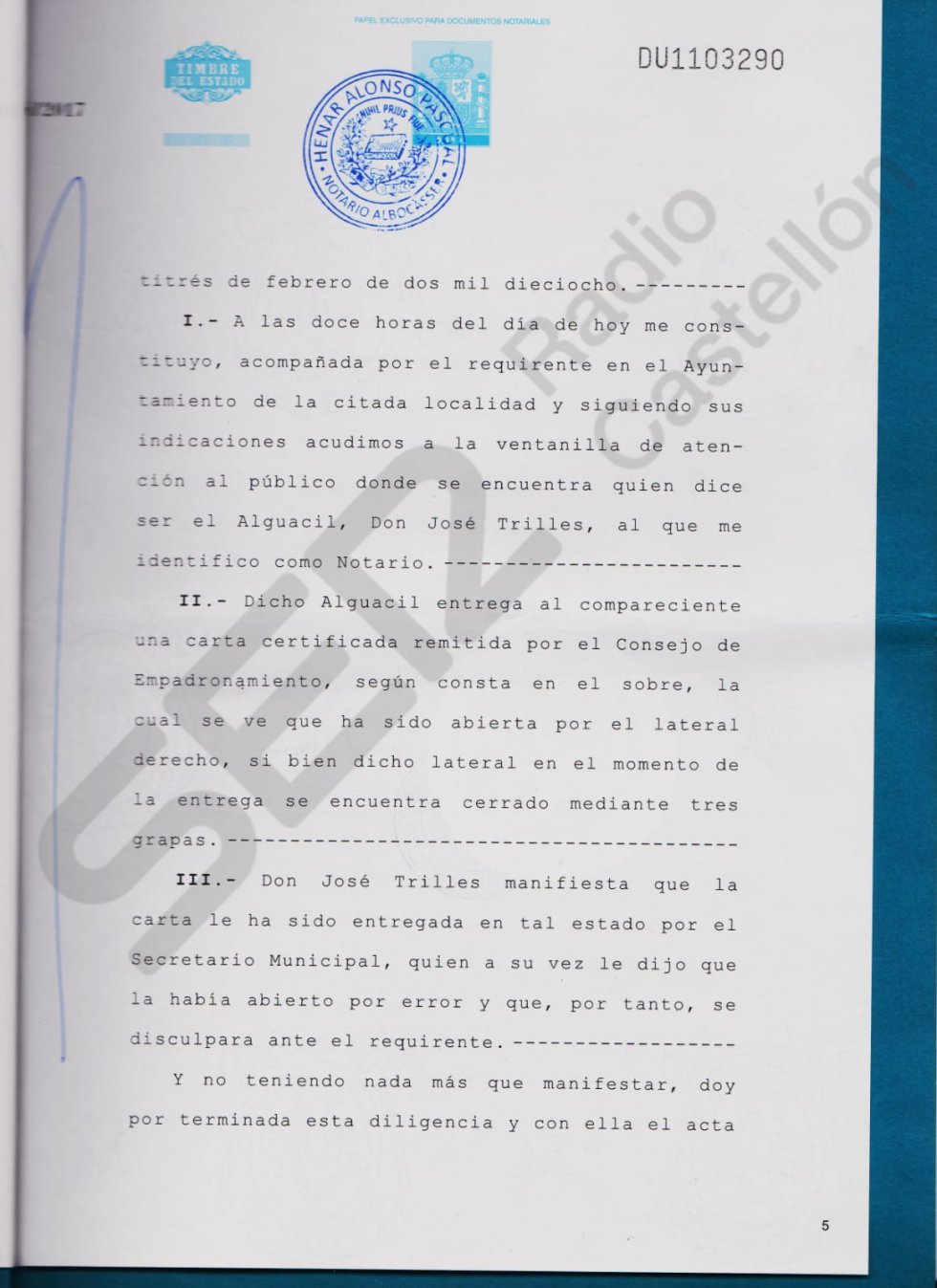 Acta notarial que certifica que desde el Ayuntamiento alguien abrió el correo que solicitó el portavoz de Vall d'Alba, Fernando Grande, con datos del INE Acta notarial que certifica que desde el Ayuntamiento alguien abrió el correo que solicitó el portavoz de Vall d'Alba, Fernando Grande, con datos del INE