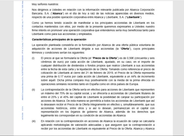 Detalle de la carta de Abanca al consejo de administración de Liberbank