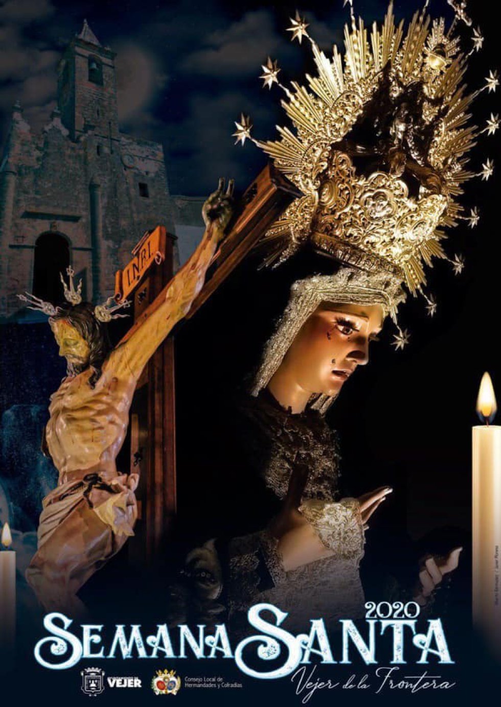 El cartel de la Semana Santa de Vejer de la Frontera muestra la imagen del Cristo de la Oliva y la Virgen de la Soledad en un montaje junto a la fachada de la Iglesia, obra del fotógrafo Javier Moreno y el diseñador Alberto Bermúdez. El cartel de la Semana Santa de Vejer de la Frontera muestra la imagen del Cristo de la Oliva y la Virgen de la Soledad en un montaje junto a la fachada de la Iglesia, obra del fotógrafo Javier Moreno y el diseñador Alberto Bermúdez.