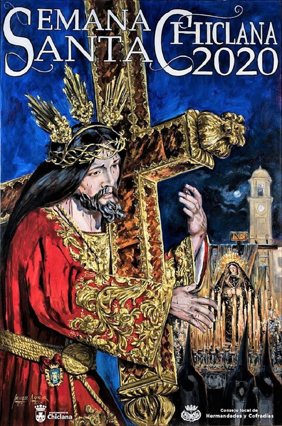 El cartel de la Semana Santa de Chiclana, que es una obra pictórica de Javier Aguilar Cejas, lo protagoniza Jesús Nazareno y la Virgen de la Soledad. También se puede apreciar en la pintura el arquillo del reloj, con la luna llena de fondo y nazarenos en la parte inferior izquierda. El cartel de la Semana Santa de Chiclana, que es una obra pictórica de Javier Aguilar Cejas, lo protagoniza Jesús Nazareno y la Virgen de la Soledad. También se puede apreciar en la pintura el arquillo del reloj, con la luna llena de fondo y nazarenos en la parte inferior izquierda.