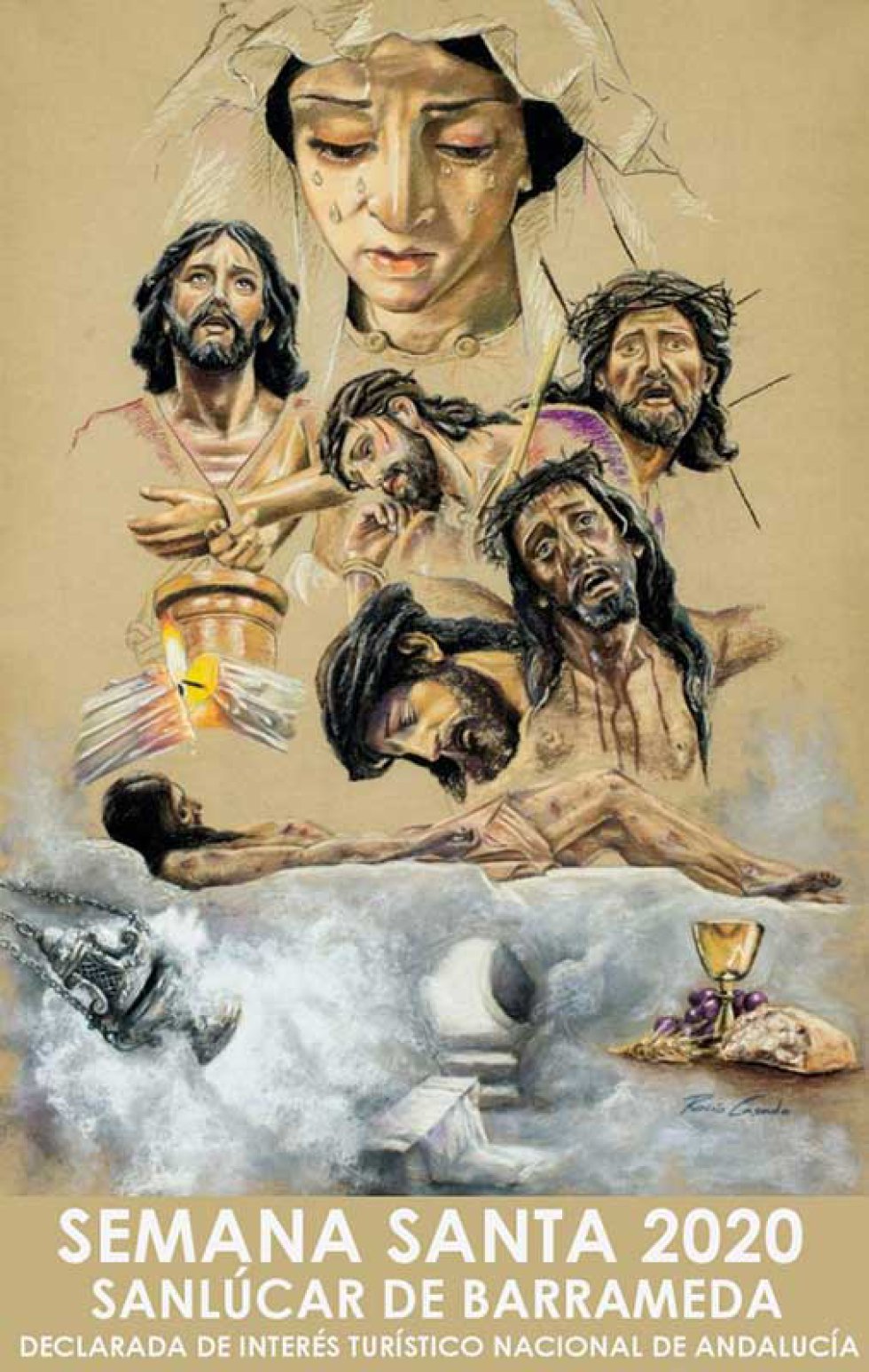 El cartel anunciador de la Semana Santa de 2020 de Sanlúcar de Barrameda es una pintura de la artista local Rocío Casado Ahumada. En la obra se puede apreciar la técnica pastel y las imágenes de María Santísima de las Angustias diferentes imágenes de Cristos sanluqueños. En la parte inferior de la pintura, aparecen elementos que hacen referencia a la Resurrección y a la Eucaristía. El cartel anunciador de la Semana Santa de 2020 de Sanlúcar de Barrameda es una pintura de la artista local Rocío Casado Ahumada. En la obra se puede apreciar la técnica pastel y las imágenes de María Santísima de las Angustias diferentes imágenes de Cristos sanluqueños. En la parte inferior de la pintura, aparecen elementos que hacen referencia a la Resurrección y a la Eucaristía.