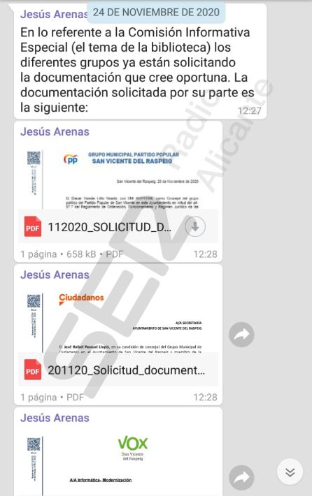 Captura de pantalla en la que Arenas filtraba la documentación solicitada por la oposición en una Comisión Informativa Especial
