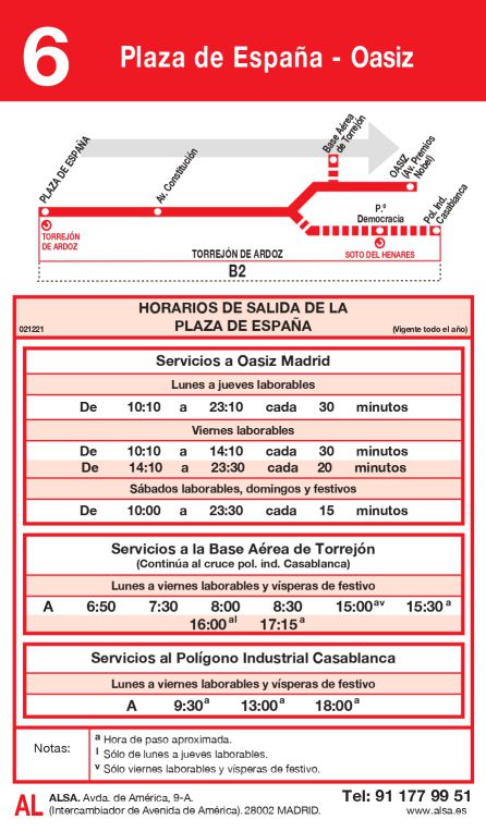 Horario de la línea 6 Plaza de España - Oasiz