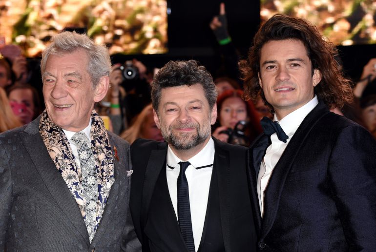 LONDON, ENGLAND - DECEMBER 01:  (L-R) Ian McKellen, Andy Serkis and Orlando Bloom attend the World Premiere of "The Hobbit: The Battle OF The Five Armies" at Odeon Leicester Square on December 1, 2014 in London, England.  (Photo by Karwai Tang/WireImage)
