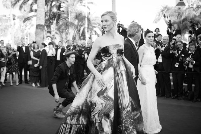 CANNES, FRANCE - MAY 17: (EDITORS NOTE: Image has been converted to black and white.) (L-R) Cate Blanchett, director Todd Haynes and Rooney Mara attend the Premiere of 'Carol' during the 68th annual Cannes Film Festival on May 17, 2015 in Cannes, France. (Photo by Kristina Nikishina/Epsilon/Getty Images)
