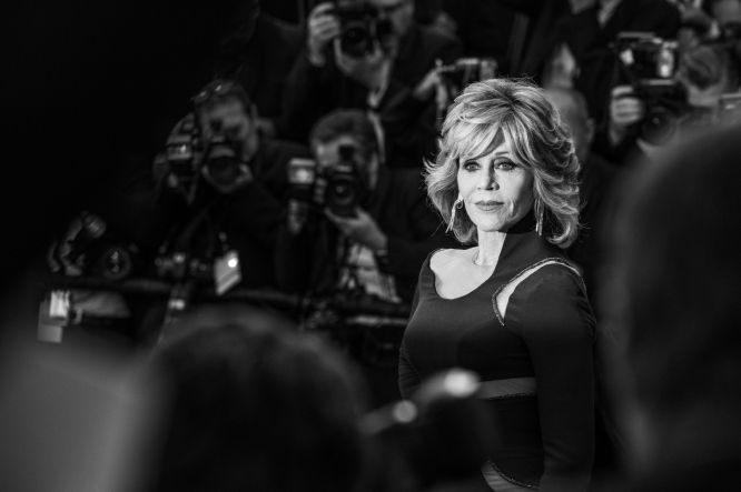 CANNES, FRANCE - MAY 16: (EDITORS NOTE: Image has been converted to black and white.) An alternative view of Jane Fonda during the 68th annual Cannes Film Festival on May 16, 2015 in Cannes, France. (Photo by Vincent Desailly/Getty Images)